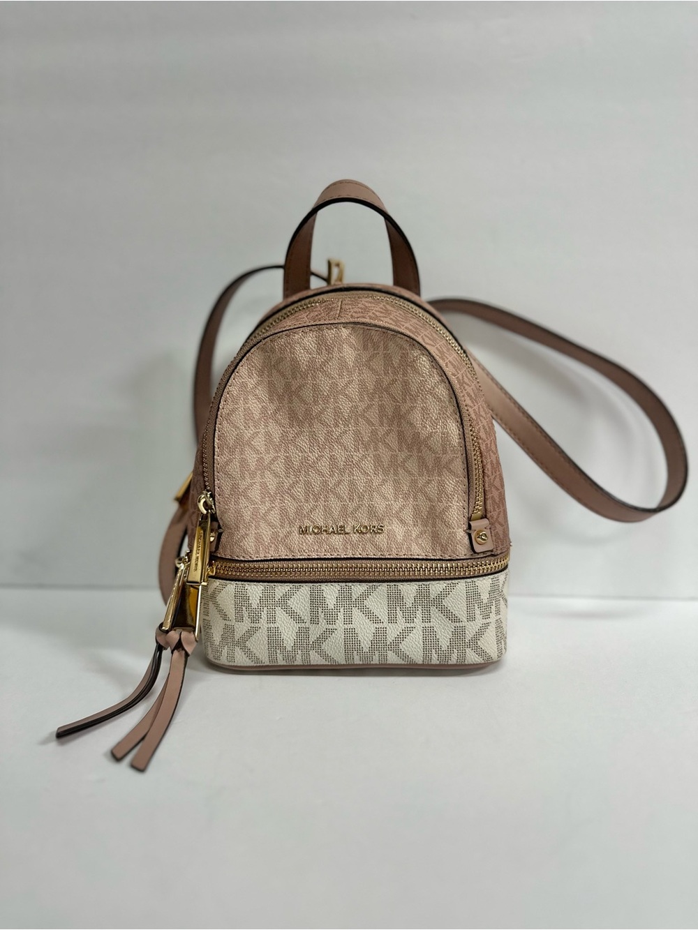 Michael Kors Rhea Mini Color Block Logo Backpack Pink Vanilla Crossbody